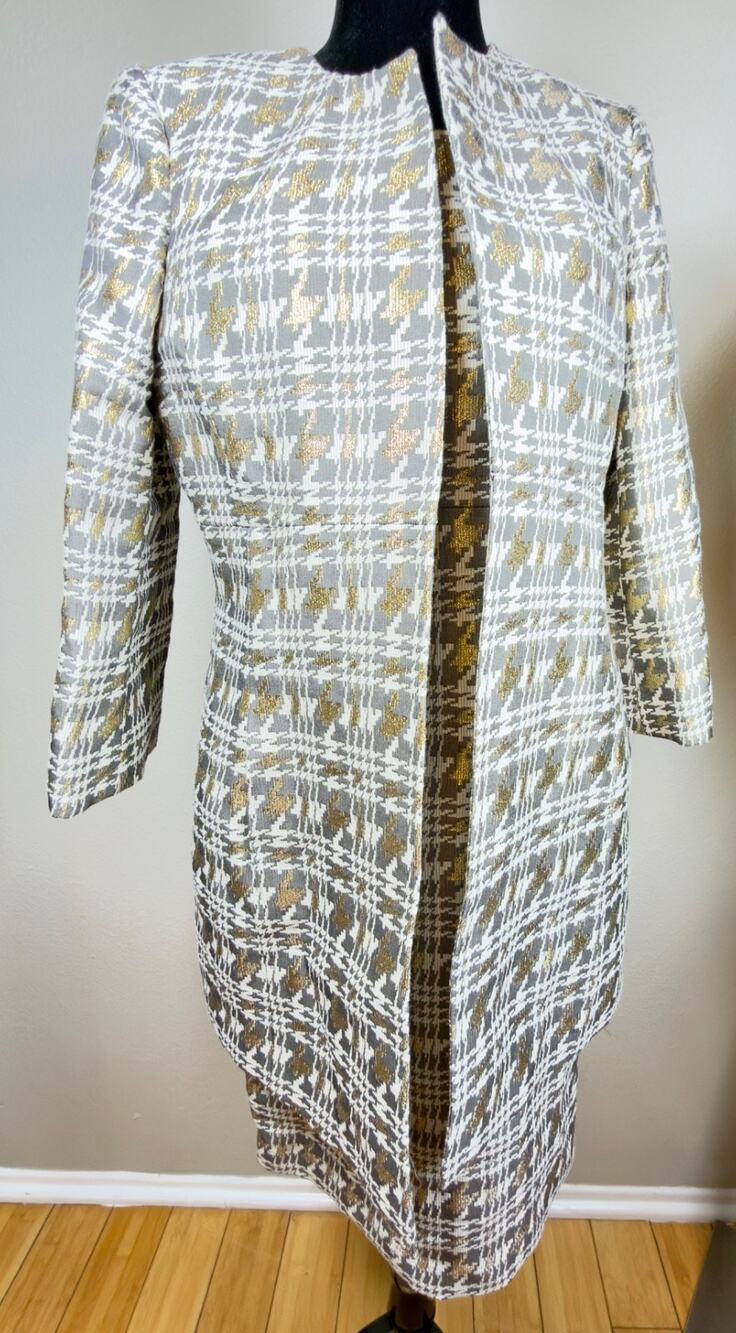 Albert Nipon Metallic Gold Silver Houndstooth Dress Coat Set Event Sz 6